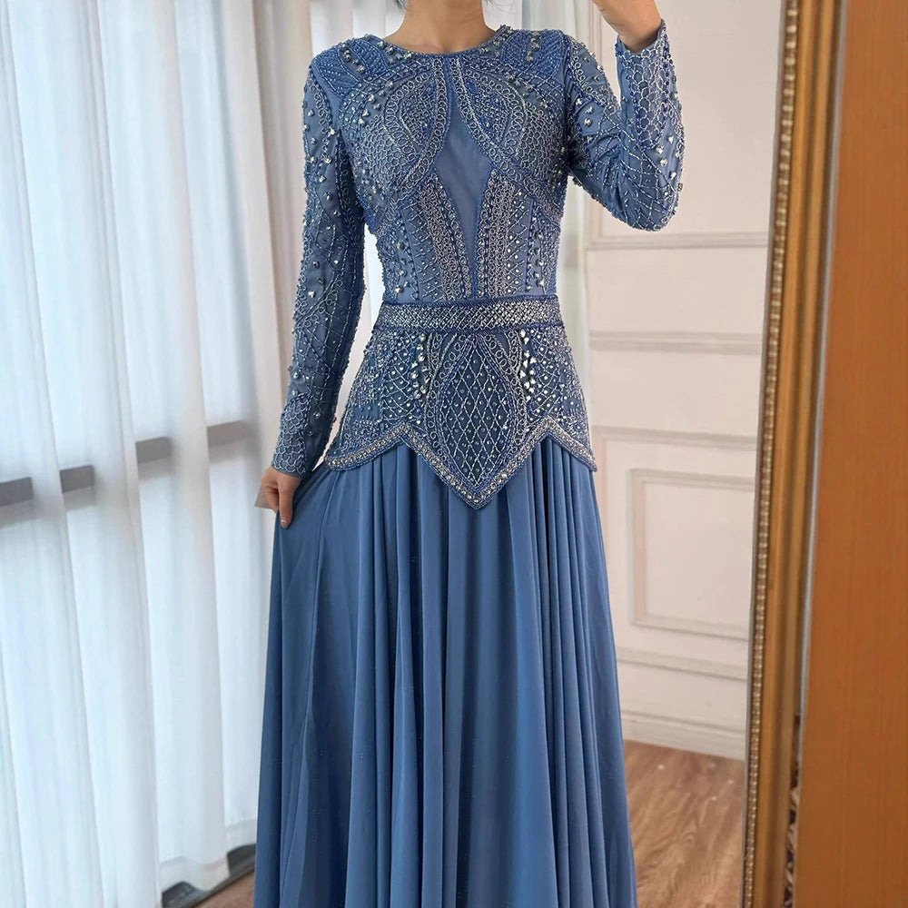 Luxury Designer  Blue Beaded Evening Dress with Long Sleeves LA72962