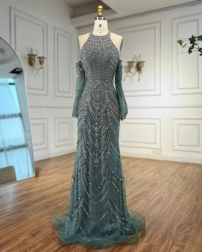 Luxury Turquoise Halter  Mermaid Evening Dress LA72980