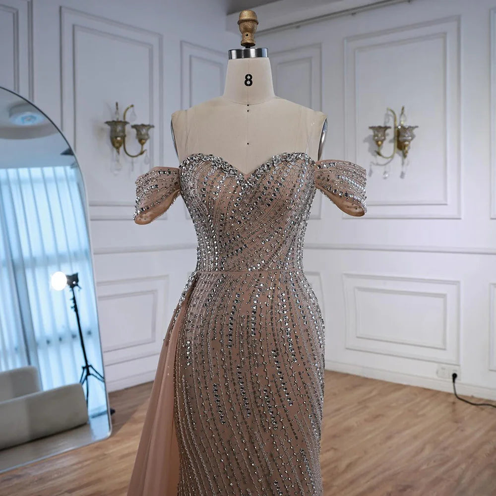 Nude Luxury Beaded Mermaid Evening Dresses With Overskirt Gown For Formal Occasion LA72911