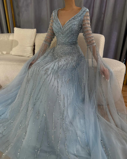Luxury Dubai  Arabic Caramel Elegant A-Line Beaded Long Evening Dresses Gowns with Cape Sleeves for Formal Occasion LA72750