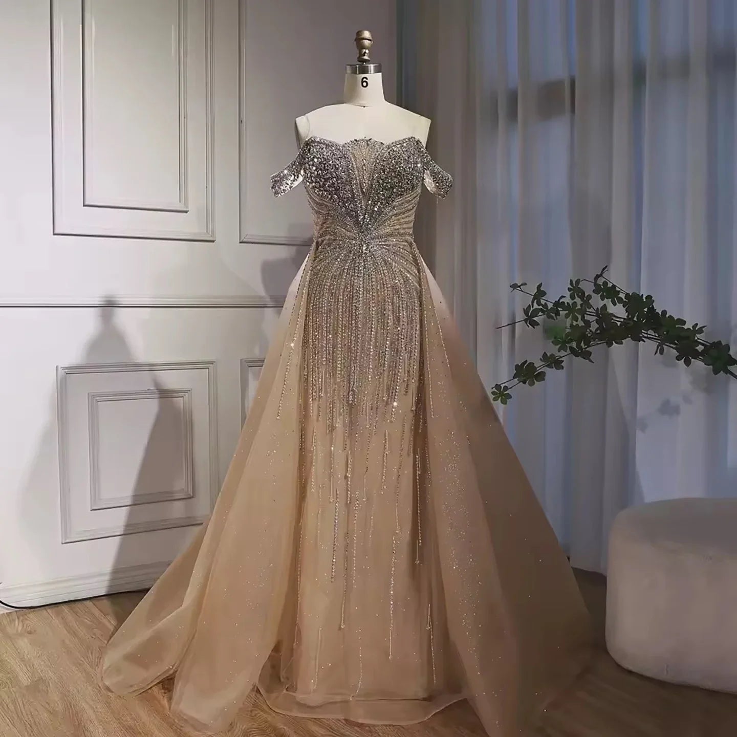 Luxury Beaded Nude Off Shoulder Mermaid Evening Dress LA73392