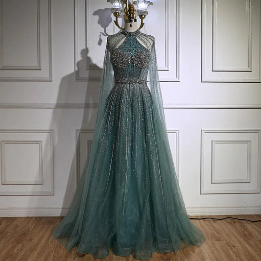 Luxury Turquoise Beaded A-Line Evening Dress with Cape Sleeves LA73054