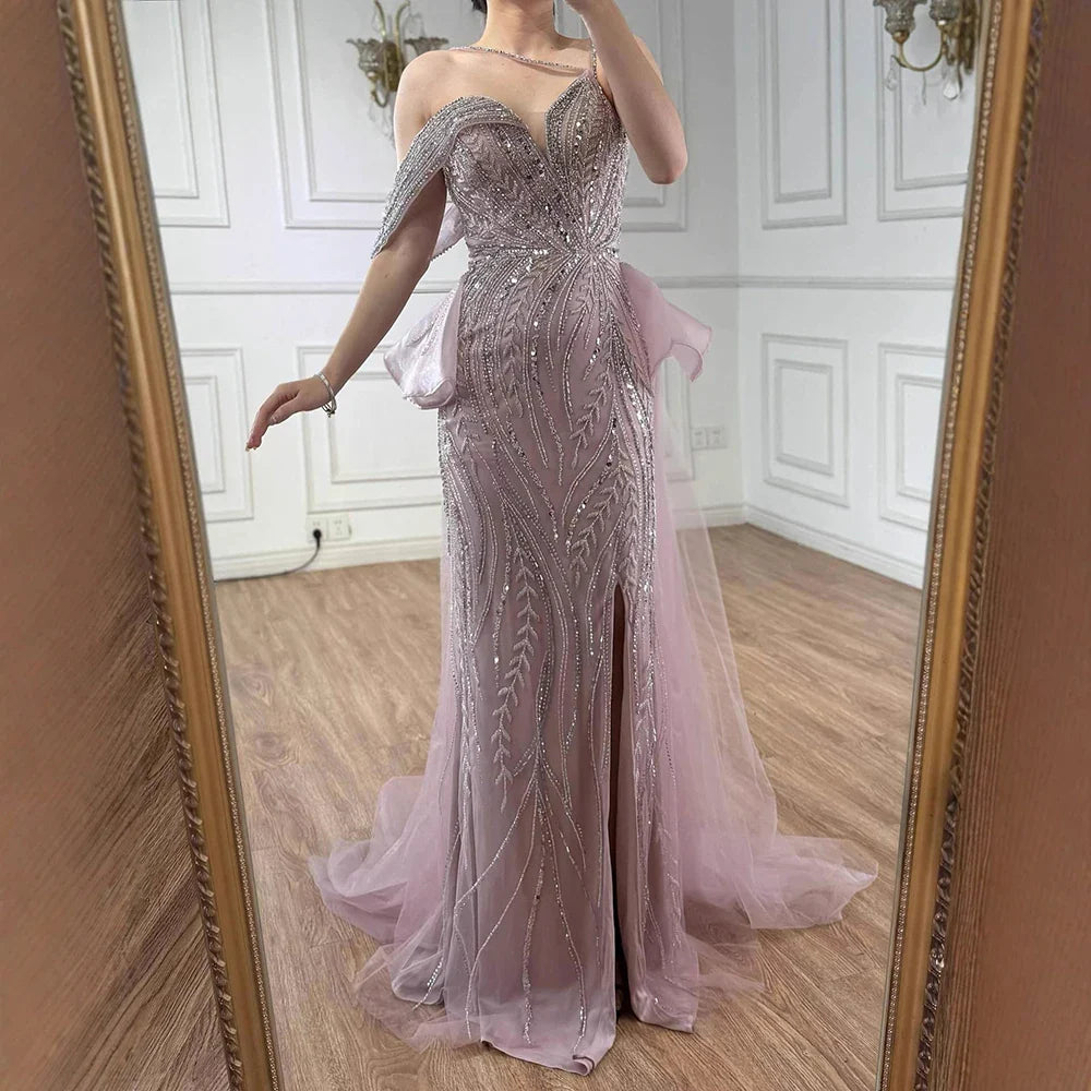 Luxury Caramel Beaded Mermaid Evening Gown with Overskirt Split LA72890