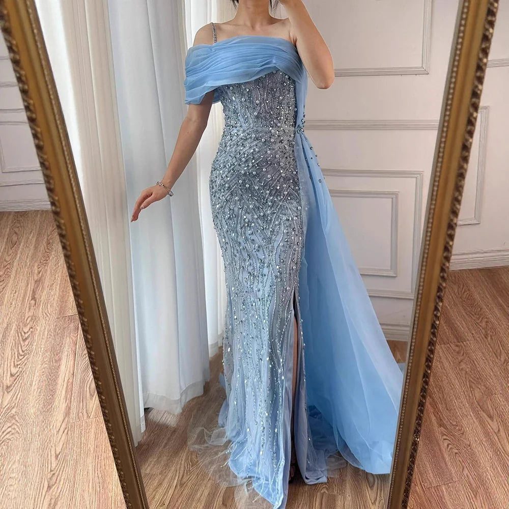 Luxury One Shoulder Blue Evening Dress with Overskirt LA72244A