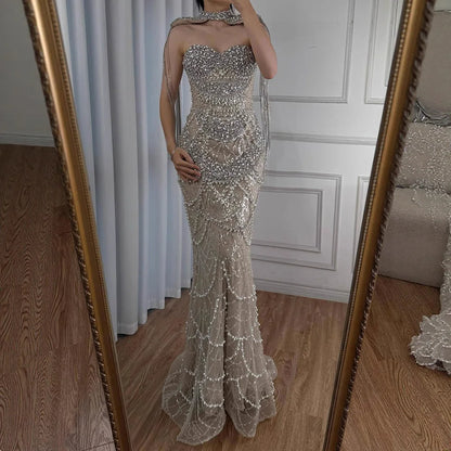 Luxury Nude Beaded Evening Dress with Tassel Short Cape LA72876