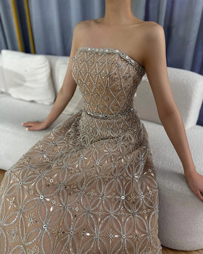 Luxury Dubai  Arabic Gray A Line Elegant Beaded Long Evening Dresses Gowns for Formal Occasion LA72755