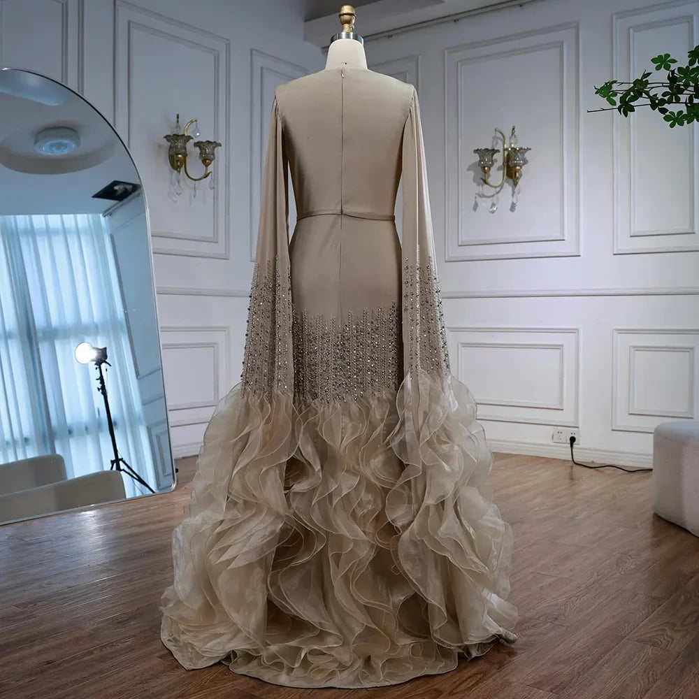 Elegant Nude Beaded Mermaid Evening Dress with Cape Sleeves LA72317C