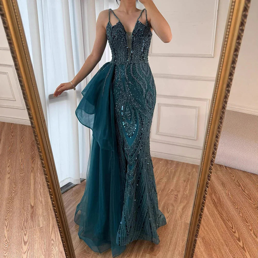 Luxury Green Spaghetti Strap Beaded Mermaid Evening Dress with Overskirt LA72378B