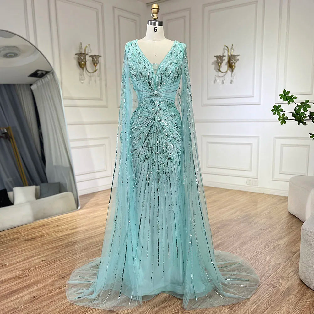 Luxury Dubai Turquoise Mermaid Evening Dresses with Cape V-Neck LA72239