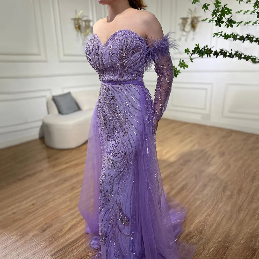 Luxury Arabic Nude Mermaid High Split Feather Beaded Evening Dress LA71910