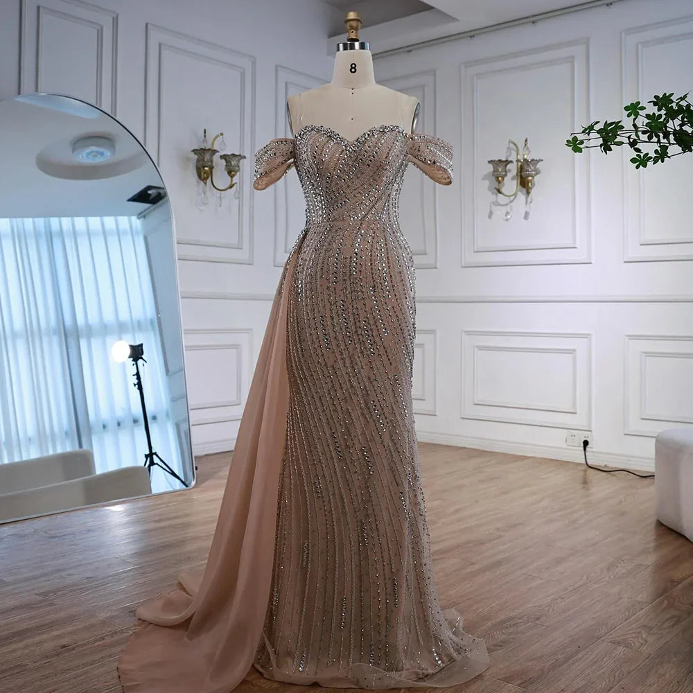 Nude Luxury Beaded Mermaid Evening Dresses With Overskirt Gown For Formal Occasion LA72911