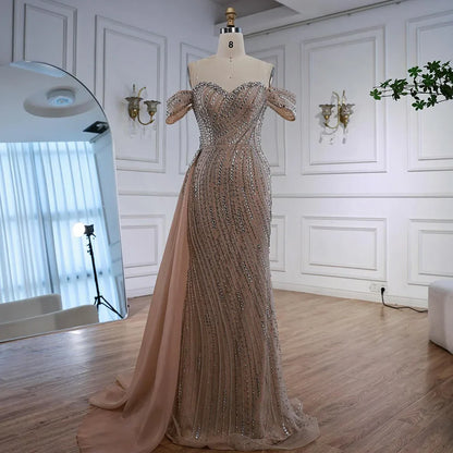 Nude Luxury Beaded Mermaid Evening Dresses With Overskirt Gown For Formal Occasion LA72911