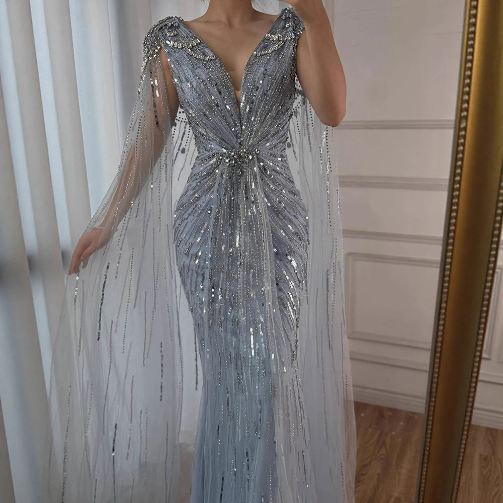 Turquoise Mermaid Beaded Evening Dress Gown with Cape LA72168A