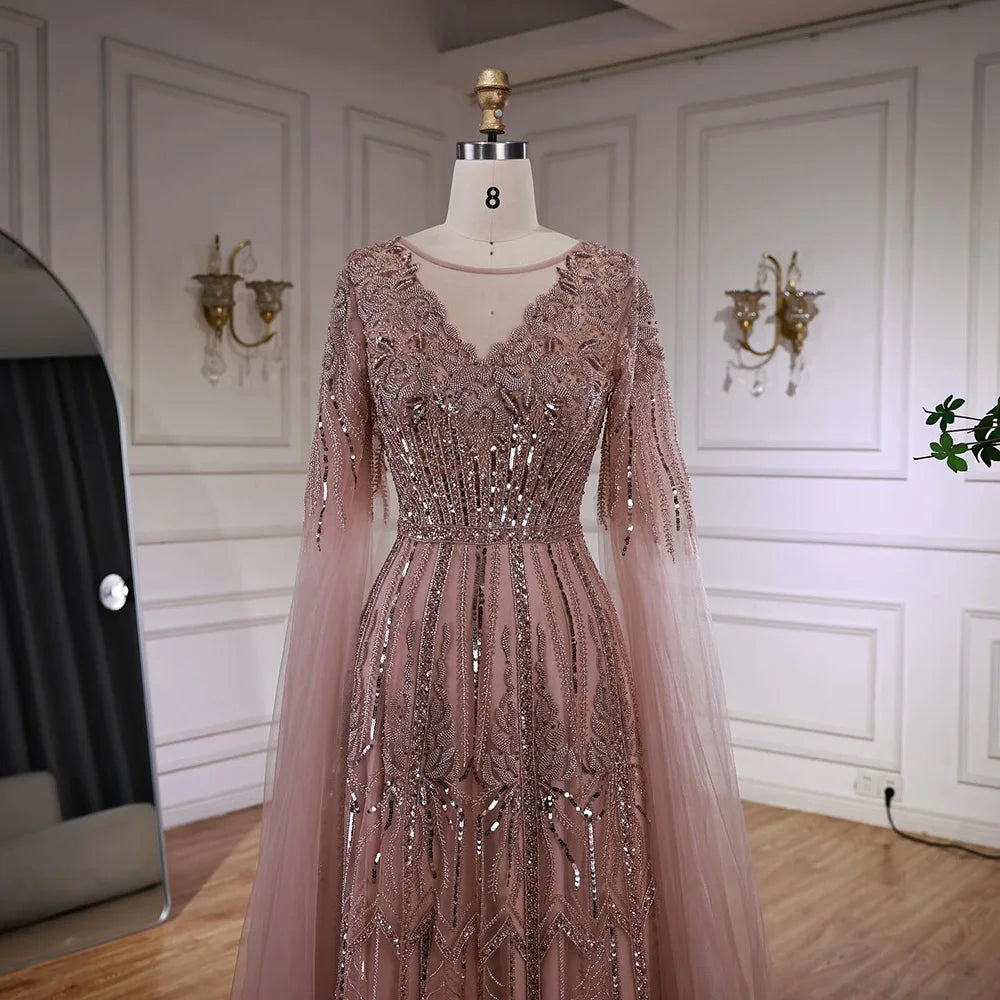 Rose Gold Beaded A-Line Evening Dress with Cape Sleeves LA73056