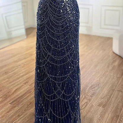 Luxury Blue Mermaid Evening Dress with Cape Sleeves Beaded Gown LA72160A
