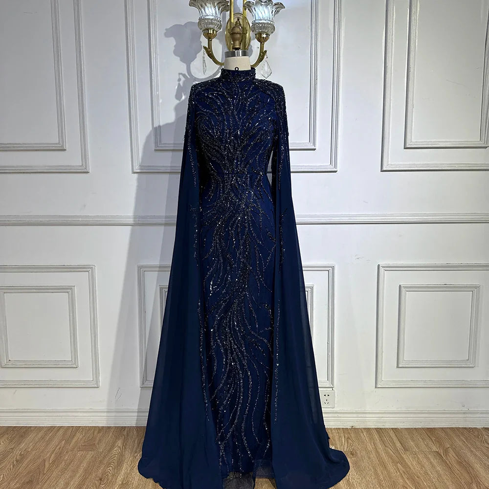 Luxury Muslim Sage Green Evening Dresses Gowns with Cape Long Sleeves LA72413A