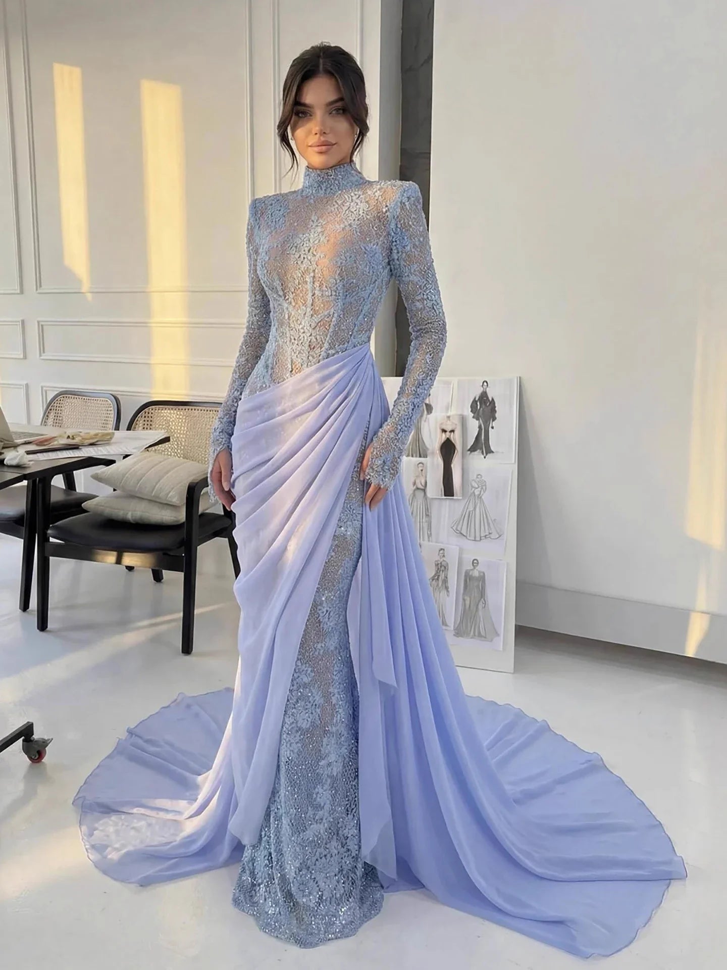 Luxury Lilac High Neck Long Sleeves Beaded Mermaid Evening Dress LA73407