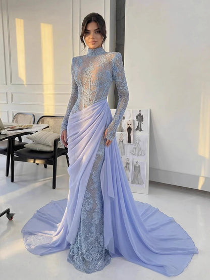 Luxury Lilac High Neck Long Sleeves Beaded Mermaid Evening Dress LA73407