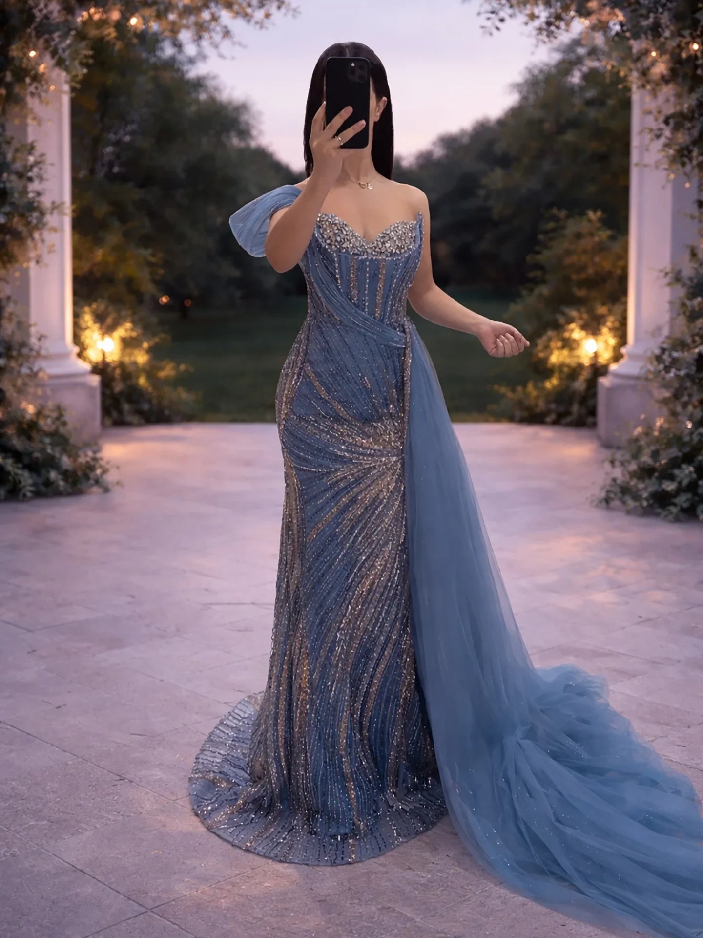 Luxury Blue Crystal Beaded One Shoulder Mermaid Evening Dress LA73425