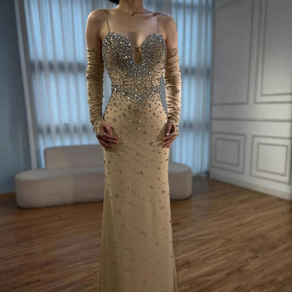 Luxury Nude Beaded Mermaid Dress with Detachable Sleeves LA73065