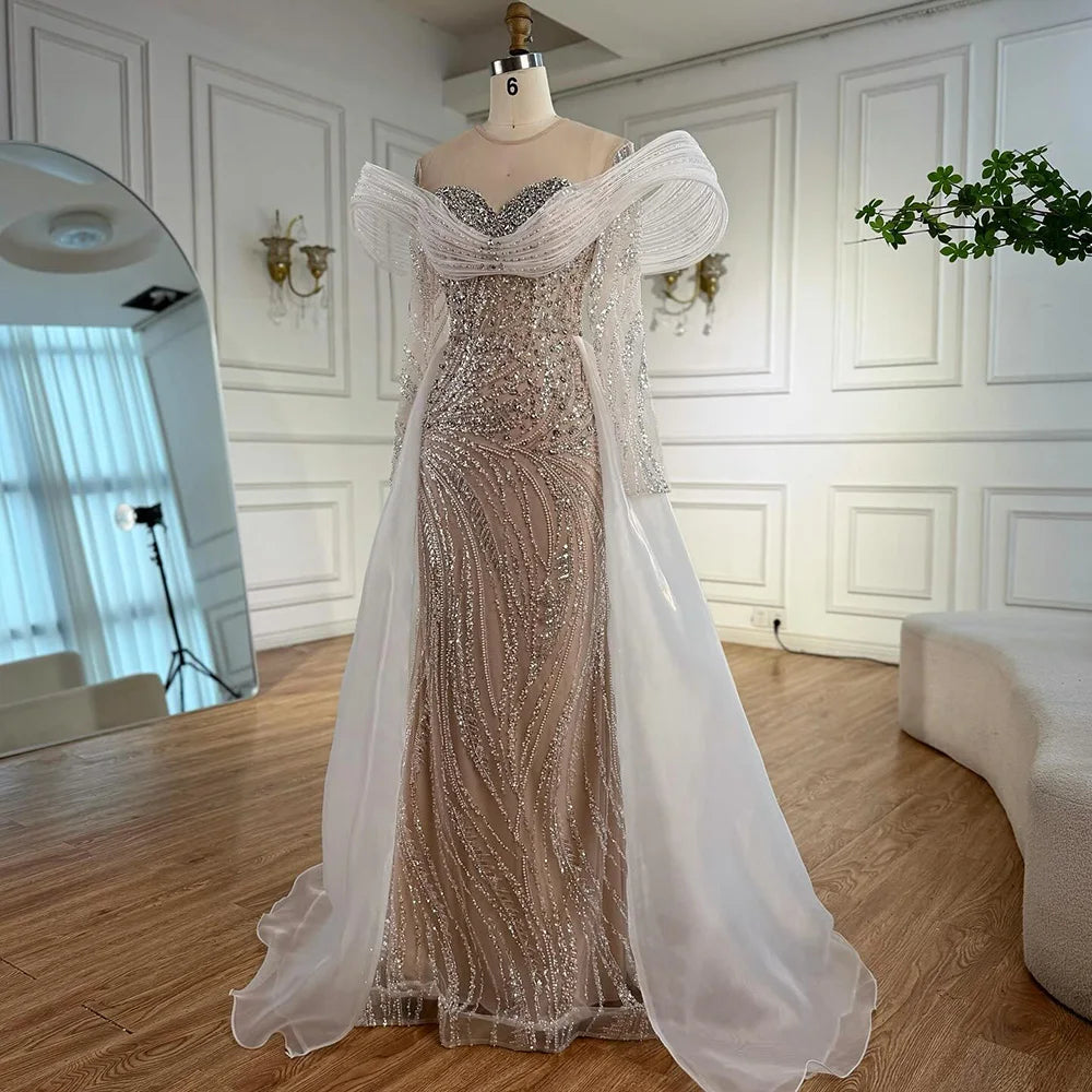 Elegant White Nude Sequin Beaded Mermaid Evening Gown LA72266C