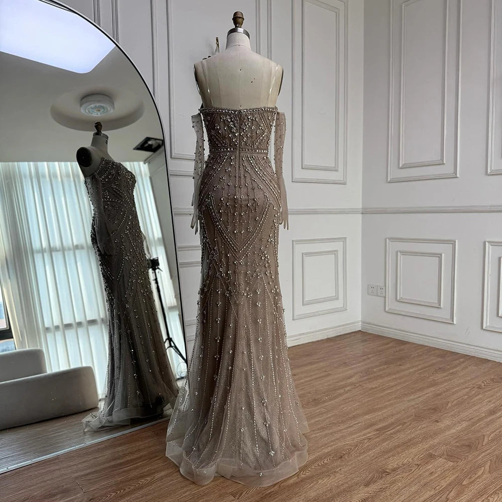 Luxury Caramel Crystal Beaded Mermaid Evening Gown with Gloves LA73186