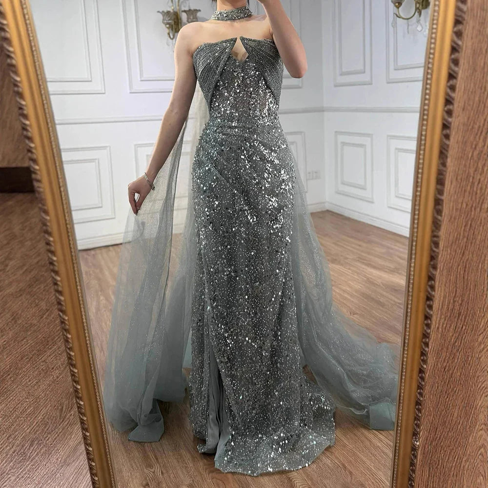 Luxury Gray Beaded Evening Dress with Long Cape LA73159