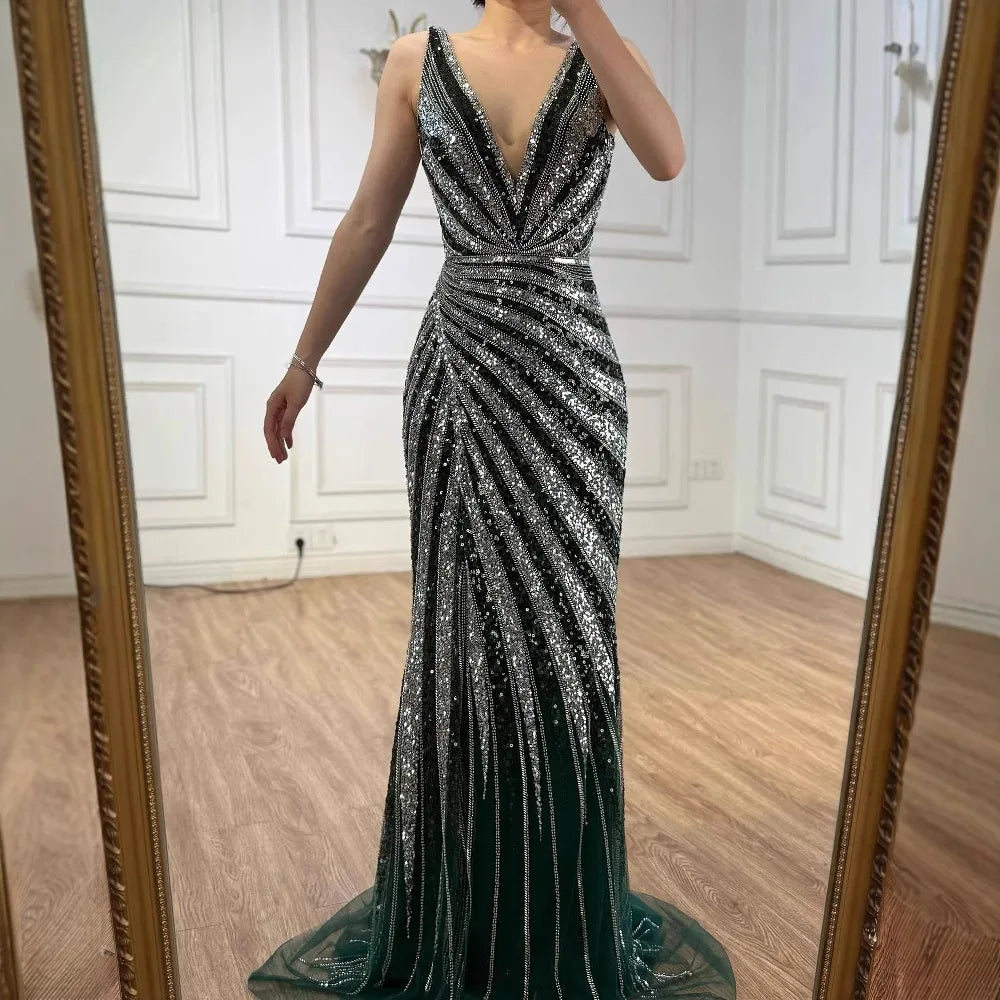 Luxury Green Beaded Mermaid Prom Dress with Split LA72613