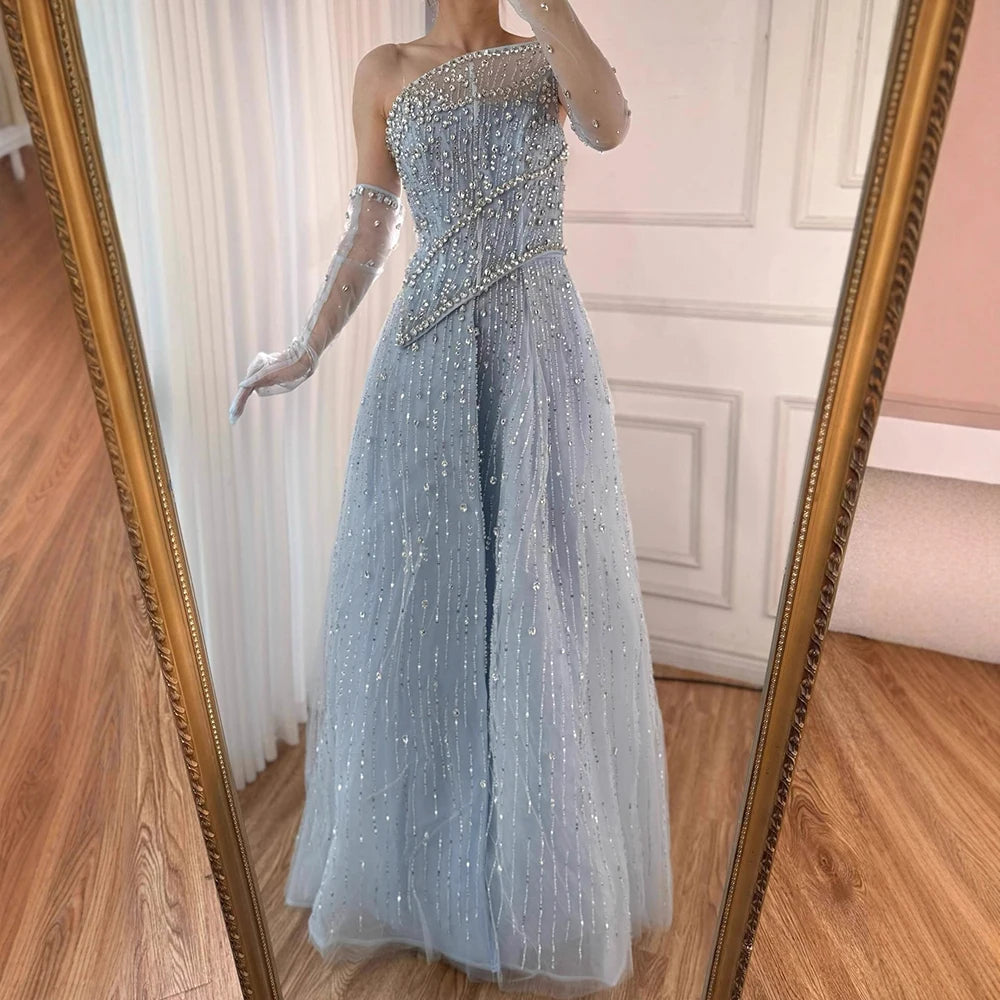 Luxury Nude Crystal Beaded A-Line Evening Dress with Split LA72949