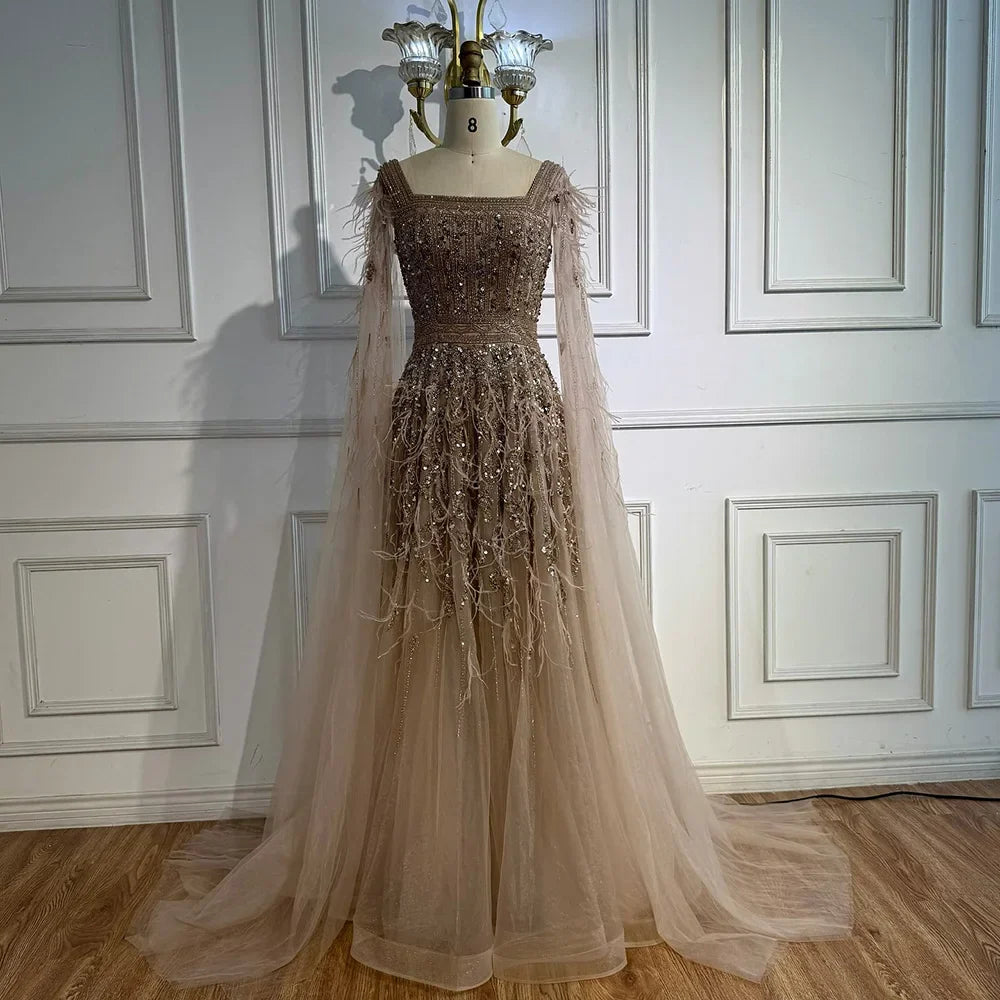 Elegant Blue Beaded Feather A-Line Evening Dress With Cape  LA73043