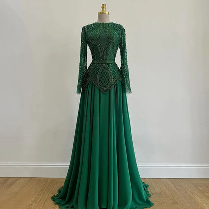 Luxury Designer  Blue Beaded Evening Dress with Long Sleeves LA72962