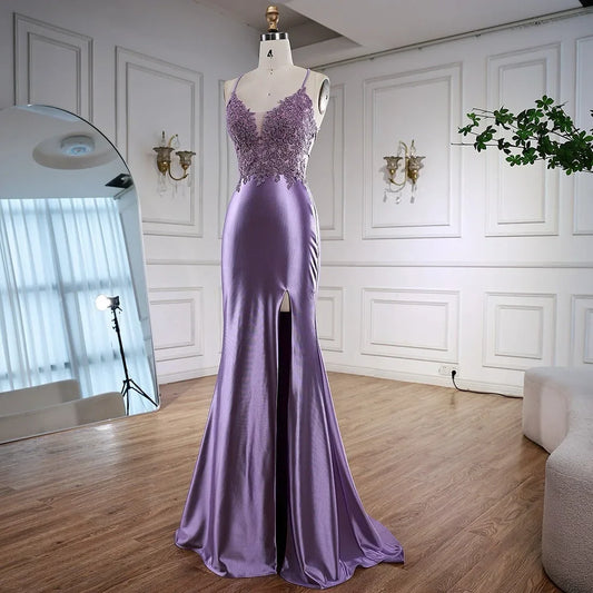 Luxury Purple Satin Prom Dress with Slit and Lace Appliques LA73040