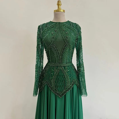 Luxury Designer  Blue Beaded Evening Dress with Long Sleeves LA72962