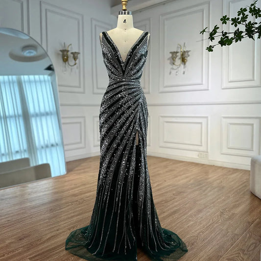 Luxury Green Beaded Mermaid Prom Dress with Split LA72613
