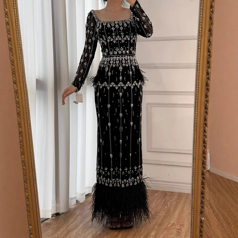 Muslim Luxury Feather Ankle Evening Dress with Long Sleeves LA71722
