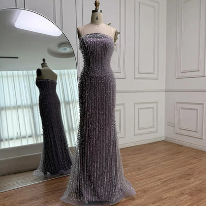 Elegant Crystal Beaded   Lilac Mermaid Evening Gown LA72950