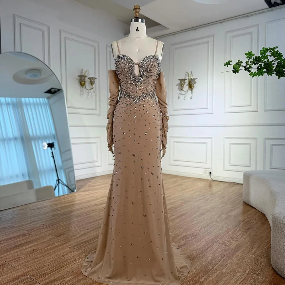 Luxury Nude Beaded Mermaid Dress with Detachable Sleeves LA73065