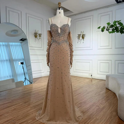 Luxury Nude Beaded Mermaid Dress with Detachable Sleeves LA73065
