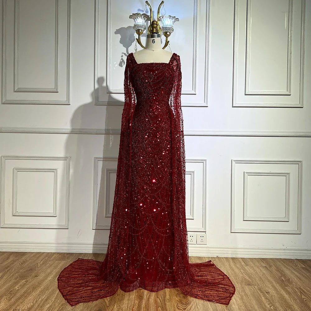 Luxury Turquoise Beaded Pearl Arabic Evening Dress with Cape Sleeves LA72590