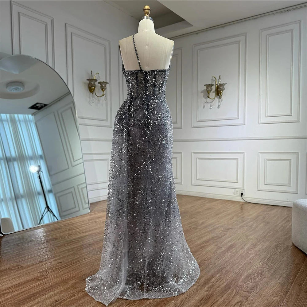 Luxury Silver Gray Crystal Beaded One Shoulder Evening Dress with Overskirt LA73160
