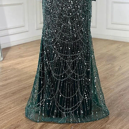 Luxury Blue Mermaid Evening Dress with Cape Sleeves Beaded Gown LA72160A