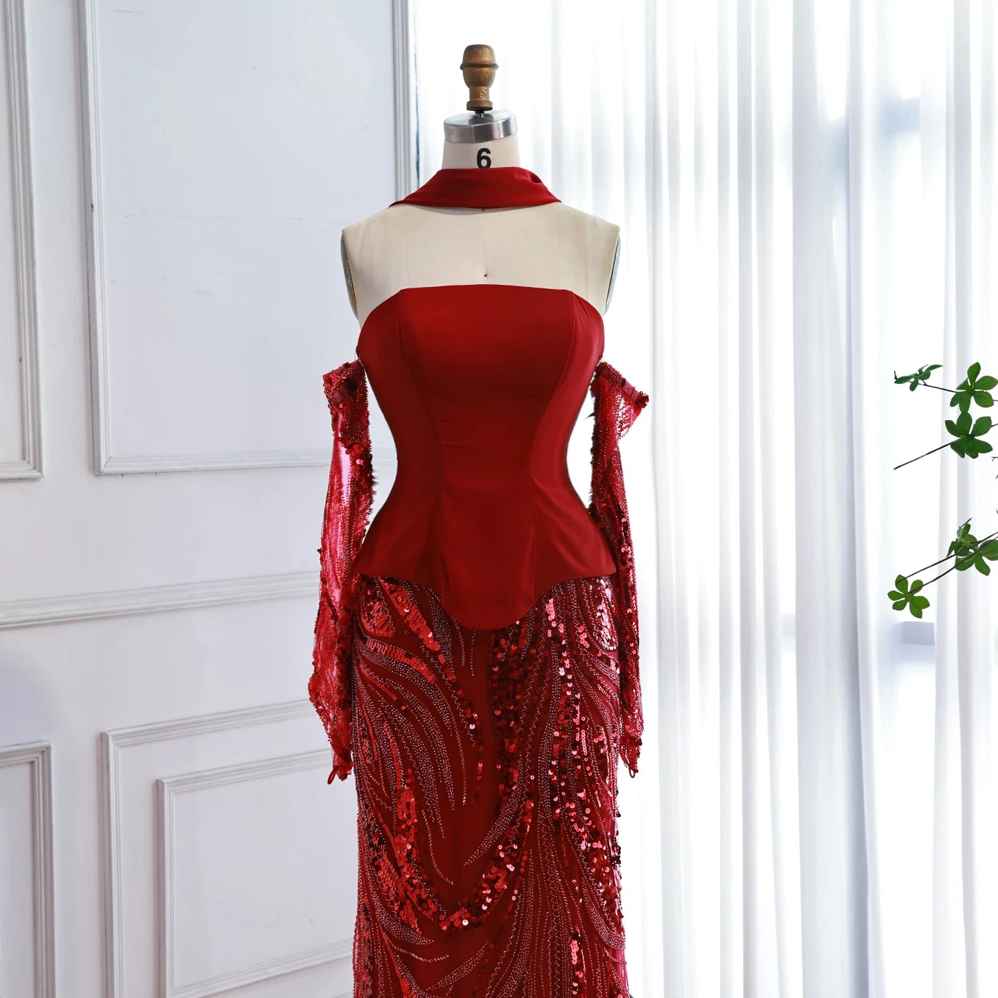 Luxury Wine Red Mermaid Evening Dress With Gloves LA73050E