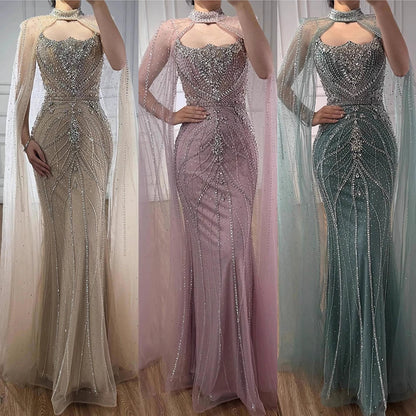 Luxury Dubai Nude Mermaid Evening Dress with Cape Sleeves LA73195