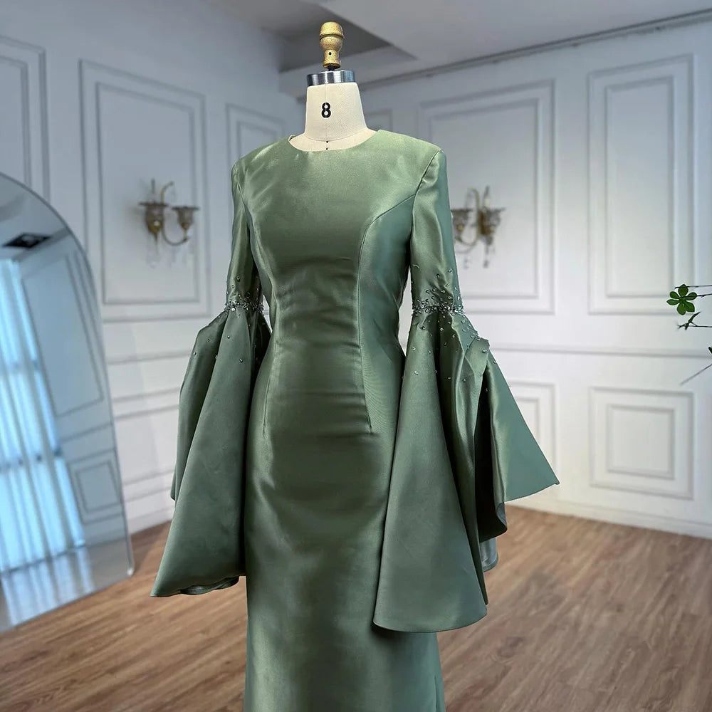Luxury Sage Green Satin Evening Dress with Bell Sleeves 2025 LA73094