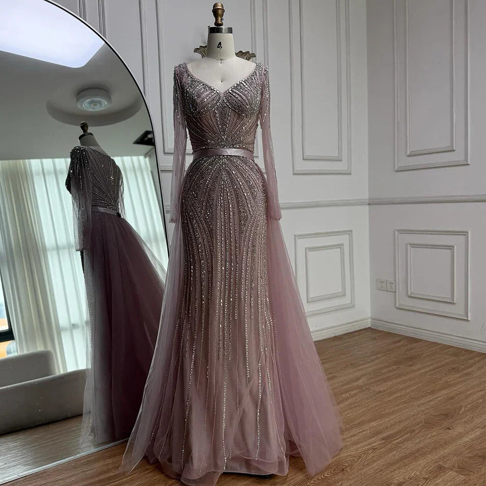 Luxury Nude Beaded Evening Dress with Detachable Overskirt LA73156