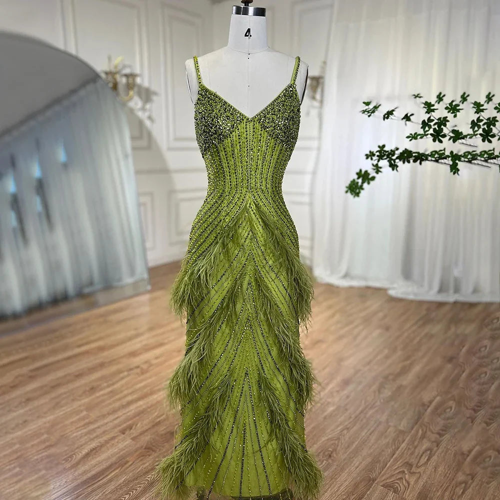 On Sale  no return no refund Serene Hill Yellow Green Feathers Mermaid Sundress Evening Gowns Beaded Ankle Length Party Drsses 2025 For Women LA72055