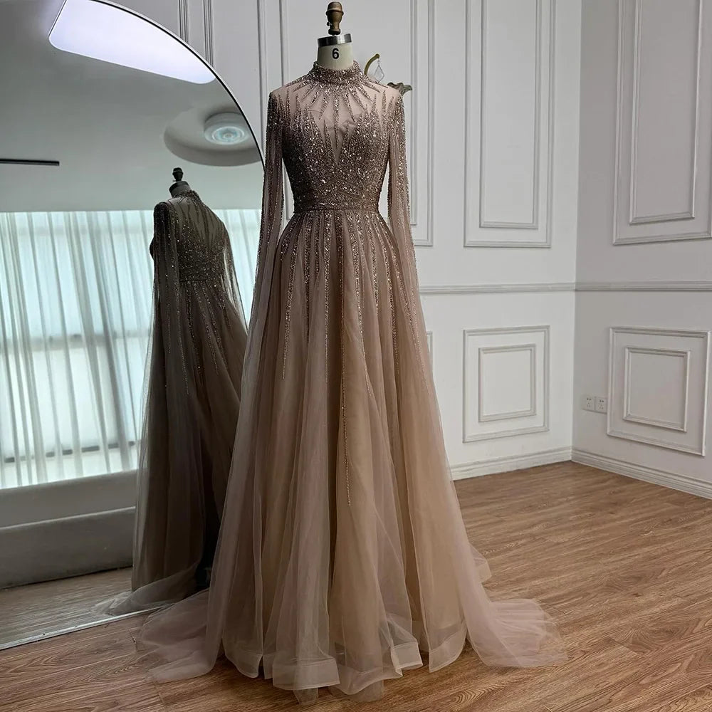 Luxury Arabic Turquoise A-Line Beaded Evening Dress with Cape LA72199