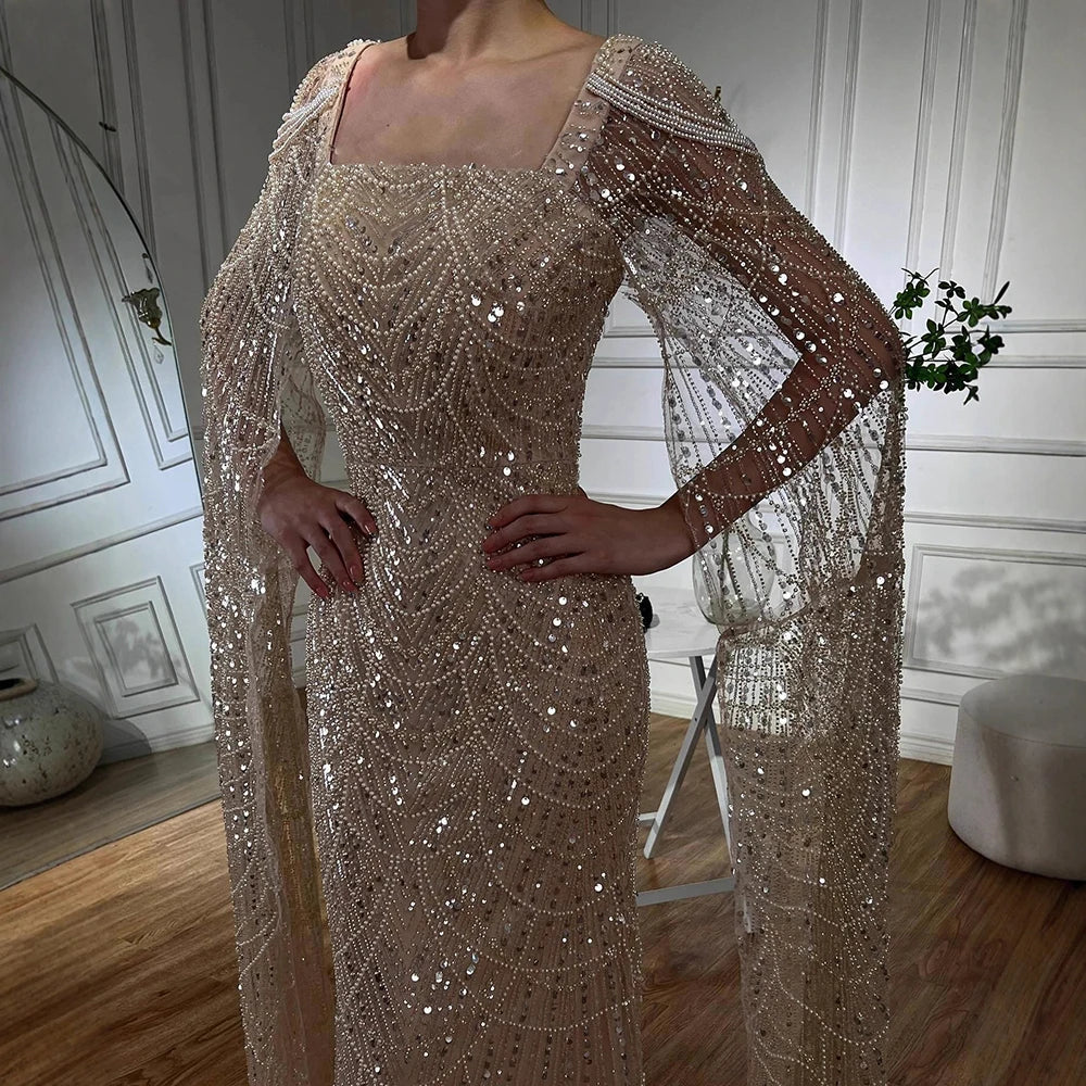 Luxury Turquoise Beaded Pearl Arabic Evening Dress with Cape Sleeves LA72590