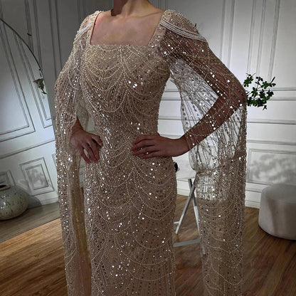 Luxury Turquoise Beaded Pearl Arabic Evening Dress with Cape Sleeves LA72590