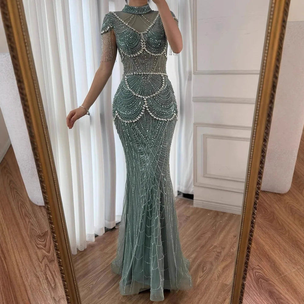 Luxury Turquoise High Neck Beaded Tassel Evening Dress for Women LA73112